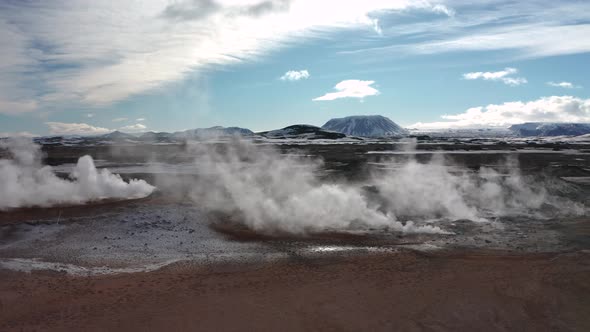 Aerial View of a Valley with Steaming Fumaroles. Iceland. Winter 2019