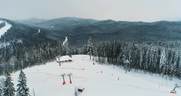 Aerial Winter Ski Resort Snow Forest Peak Slope