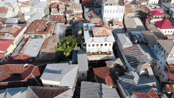 Aerial View of Stone Town Zanzibar City Slum Roofs and Poor Streets Africa alt