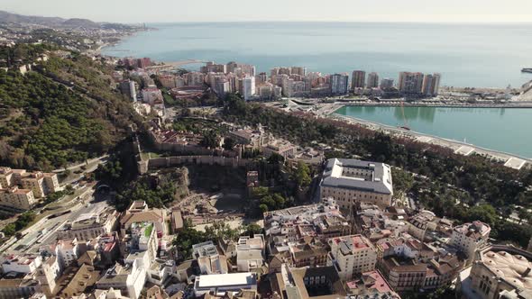 Drone view of La Malagueta seafront district and Costa del Sol; Malaga, Spain