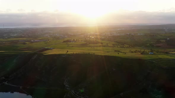 Sunset in countryside landscape. High angle view
