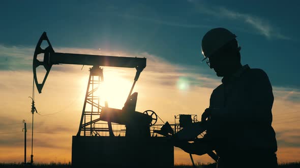 Silhouette of an Oil Industry Worker with a Laptop in an Oil Field alt
