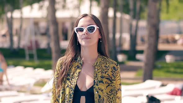 Hot Girl, Attractive Appearance, Walks Along Beach Shore alt