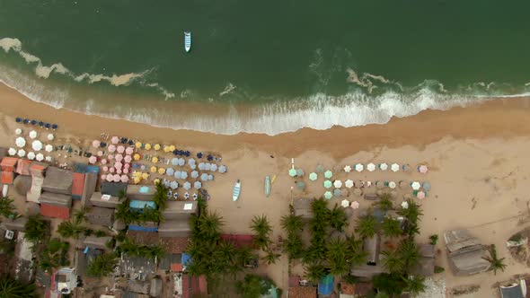 Colorful Parasol At Yelapa Beachfront Near Puerto Vallarta In Jalisco, Mexico. Aerial Topdown Shot alt