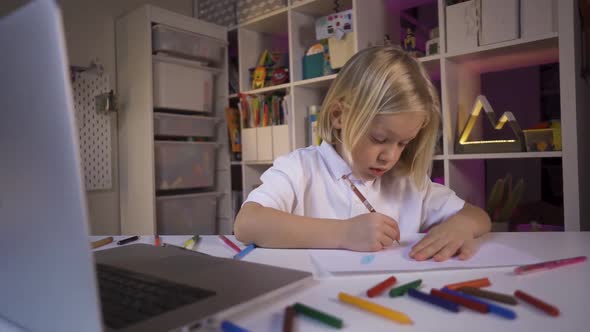 Distance Learning Online Education, A Pre School Boy Learning To Draw at Home, Slow Motion