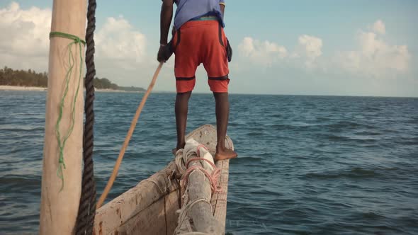 Tourist Exploring Tropical Beach. Vacation Adventure In Boat On Indian Ocean. Fisherman On Zanzibar. alt