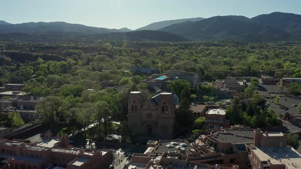 Aerial circling Cathedral Basilica Of St Francis in Santa Fe New Mexico alt