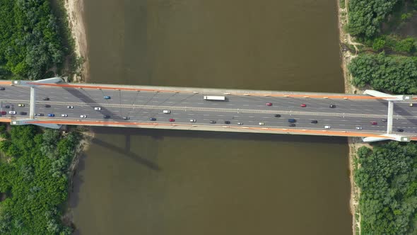 Drone view landscape highway bridge over river. Areal view city road landscape alt