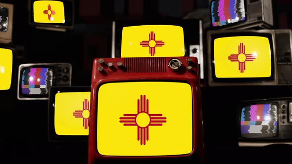 Flag of New Mexico on Retro TVs. 4K.