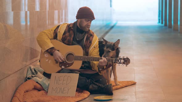 A Homeless Man is Playing the Guitar with a Dog Next to Him alt