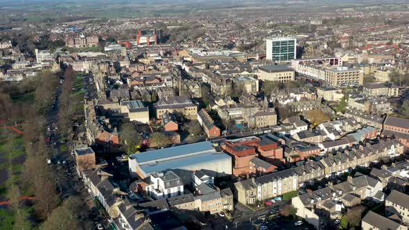 Aerial footage of the town centre of Harrogate in the UK a town in North Yorkshire