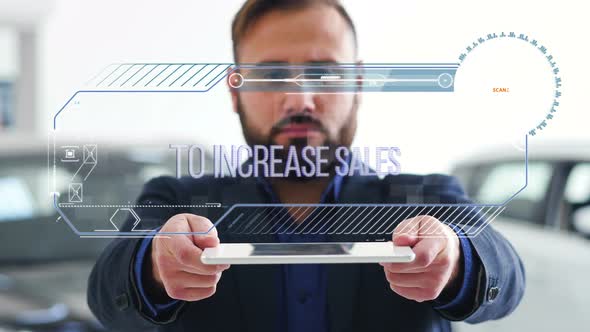 Businessman Holds a Tablet with HUD Futuristic Elements. Hologram with an Inscription - To Increase