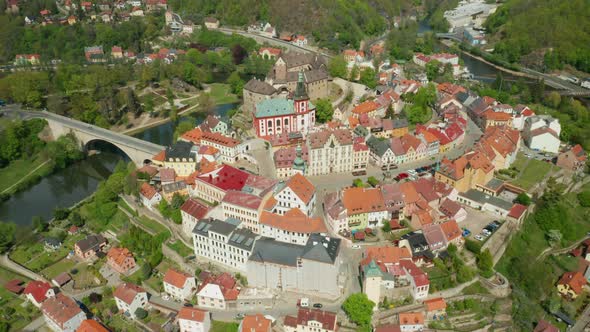 Aerial View of Loket Castle, Surrounded By River Ohri, Czech Republic alt