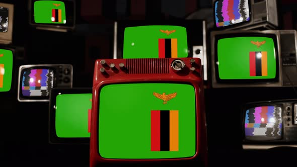 Flag of Zambia on Retro TVs. 4K.