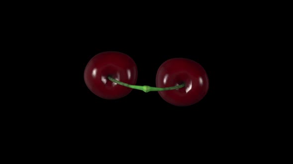 Spinning cherry or cherries on a black background. Animation 3D
