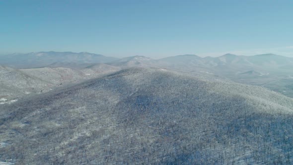 Aerial Winter Mountain Landscape of a Frozen Forest with Snow and Ice Covered Trees on a Sunny alt