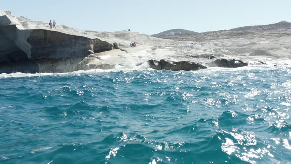 Aerial Drone Perspective of Iconic Lunar Volcanic White Chalk Beach and Caves of Sarakiniko, Milos alt