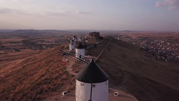 Aerial View of Don Quixote Windmills, Molino Rucio Consuegra in the Center of Spain