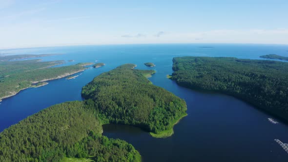 Aerial View of Clear Water Lake and Green Islands by Ladoga Lake in Karelia, Russia