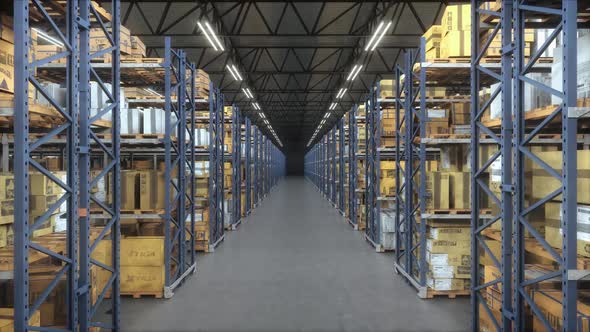 Logistics center interior full of racks and large number packs alt