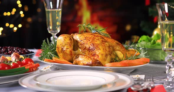 Roasted Chicken on Christmas Festive Table