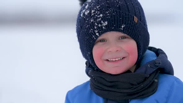 Portrait of a happy little boy in winter park