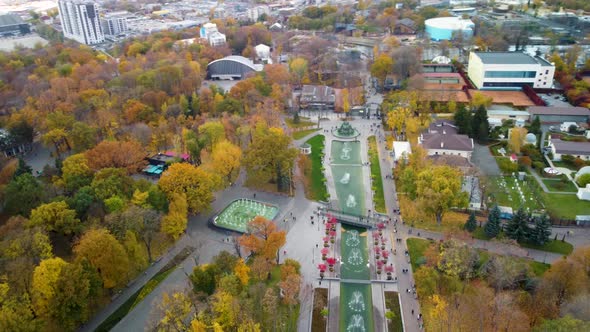 Autumn aerial city park with fountains in Kharkiv