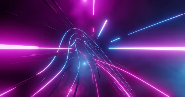 Abstract neon lights loop flying into digital technology tunnel
