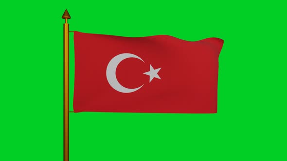 National flag of Turkey waving with flagpole on chroma key, Turkish flags featuring star crescent alt