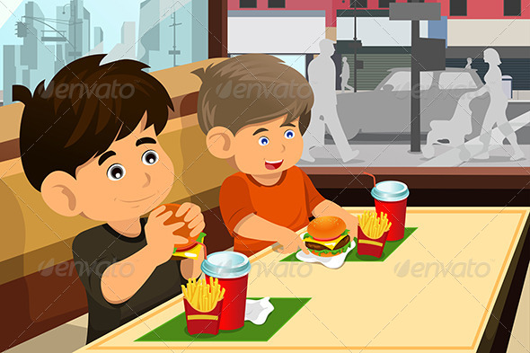 Kids Eating Hamburger and Fries - People Characters