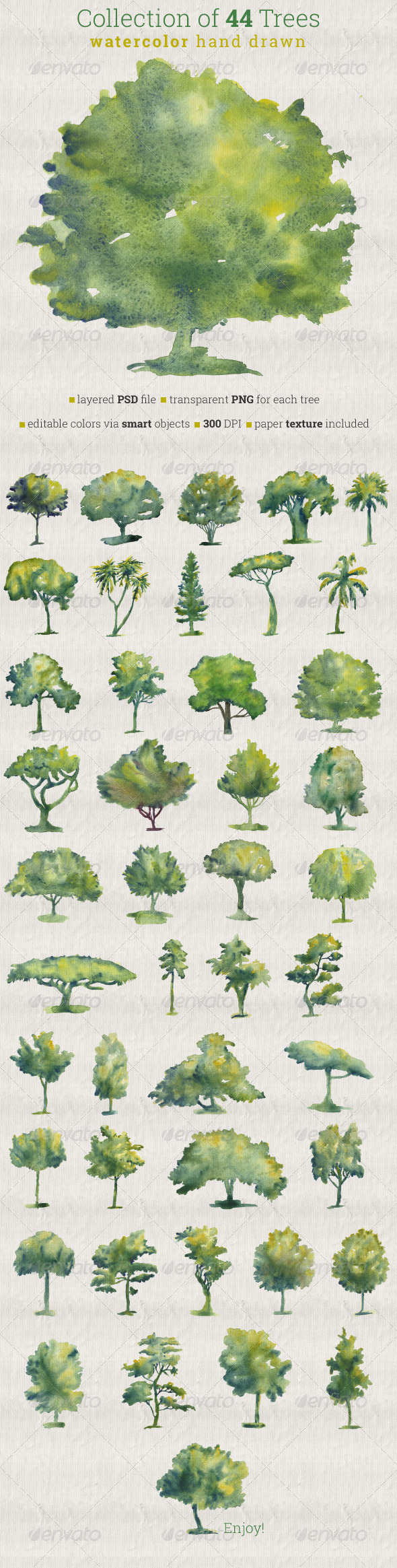 Collection of 44 Watercolor Trees - Nature Backgrounds
