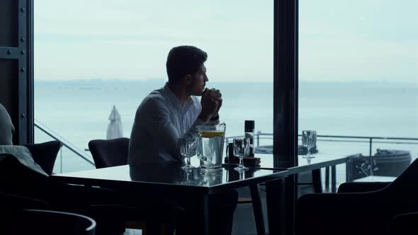 Man Silhouette Looking Beautiful Sea View Relaxing Luxury Panoramic Restaurant alt