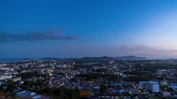 Phuket city aerial scenic view from Khao Rang Hill Park, during sunset, day to night - Time Lapse