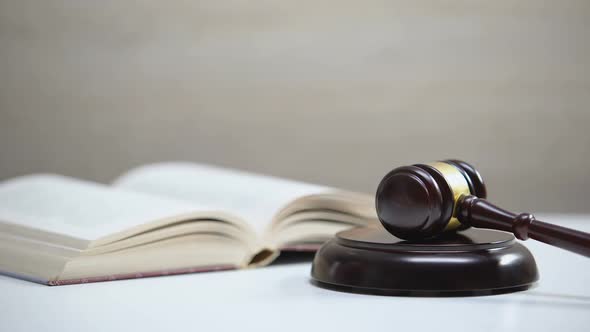 Book on Table, Gavel Striking on Sound Block, Government Constitution, Law Order alt