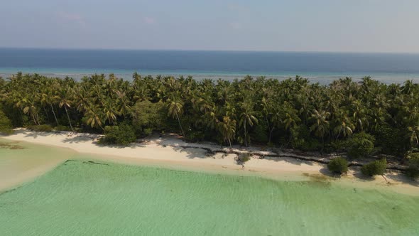 Panorama of a green island surrounded by water with yellow sand and a beach. alt