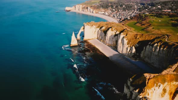 Drone Flying Very High Above Amazing Azure Sea Shore with Epic White Chalk Cliff Coastline and alt