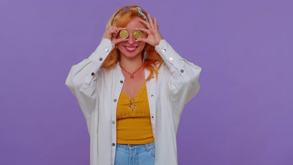 Long Haired Girl Showing Golden Bitcoins Career Cryptocurrency Investment Mining Future Technology alt