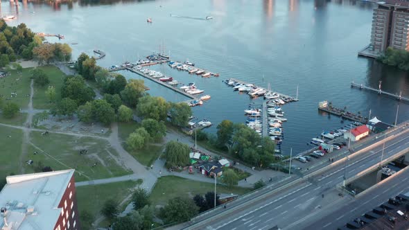 Aerial drone view of the park by the sea in Hornstull, Södermalm, Stockholm, Sweden alt