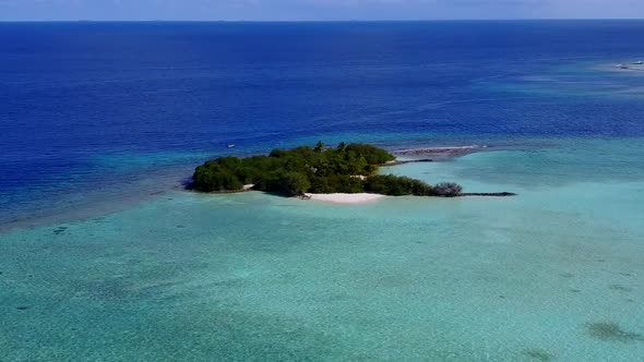 Drone aerial tourism of tropical seashore beach journey by blue sea and sand background alt