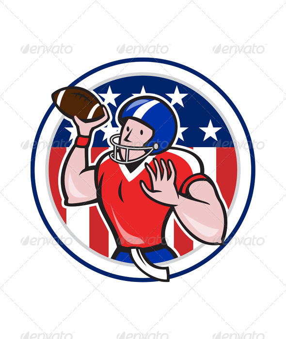 Football Quarterback Throwing Circle Cartoon - Sports/Activity Conceptual