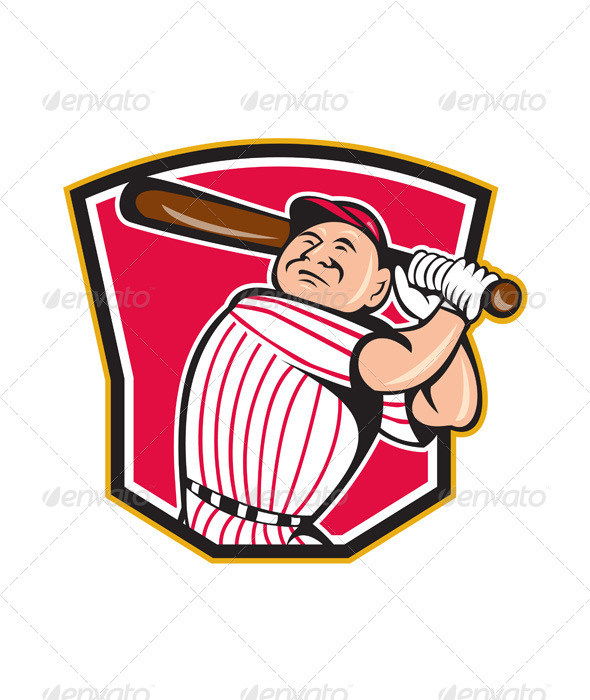 Baseball Player Batting Shield Cartoon - Sports/Activity Conceptual