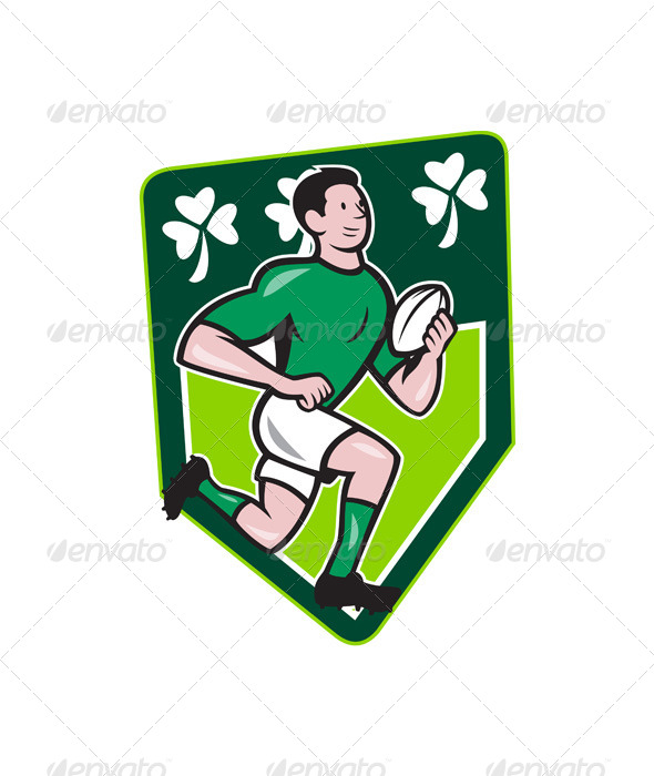 Irish Rugby Player Running Ball Shield Cartoon - Sports/Activity Conceptual