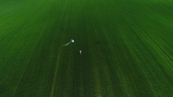 The Boy Runs Across the Field with a Kite Flying After Him