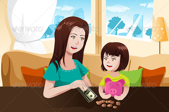 Mother and Daughter with Piggy Bank - People Characters