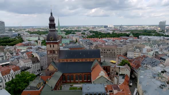Establishing Aerial Bird Eye View Shot of Riga Riga Skyline Latvia alt