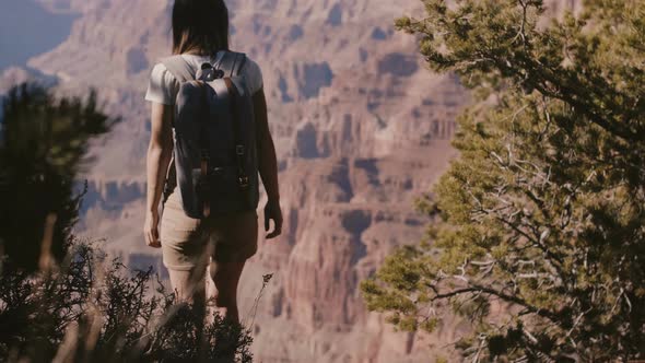 Slow Motion Back View Happy Young Tourist Woman Standing with Arms Wide Open Watching Epic Grand alt