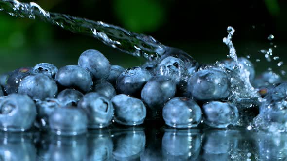 Super Slow Motion Shot of Water Splashing on Fresh Blueberries at 1000Fps alt