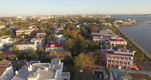Aerial over Downtown Charleston, SC with White Point Garden and the Battery alt