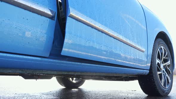 Woman Opens Car Door and Throws Trash Onto Ground Closeup alt