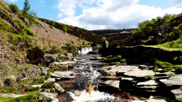 River that crosses the Peak District in England national park. Arerial view. alt